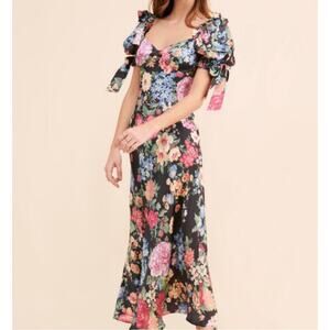 Selkie The Puck Poet 100% Silk Multicolor Floral Sweetheart Puff Sleeve Dress
